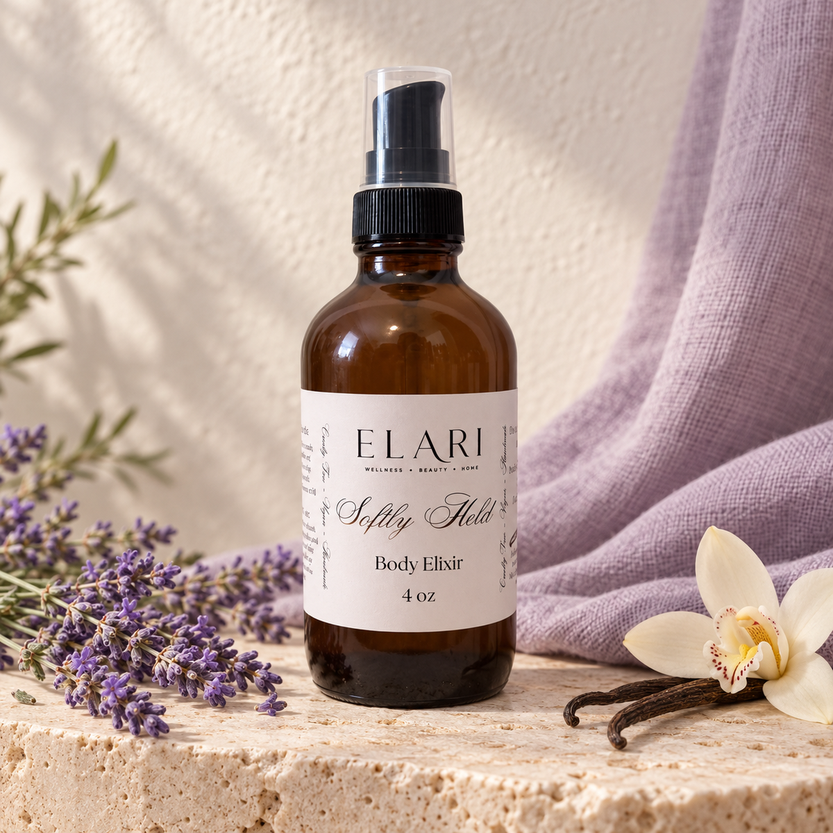 ELARI Softly Held lavender vanilla body elixir in a 4 oz amber pump bottle
